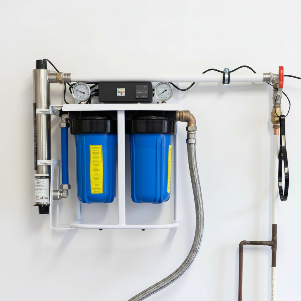 Big Blue Trio 10" – Sediment + Actief Kool + UV-desinfectie | Compleet Regenwaterzuiveringssysteem