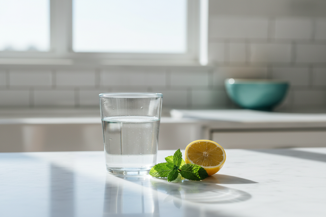 Een glas helder kraanwater op een wit marmeren aanrecht met zacht natuurlijk licht