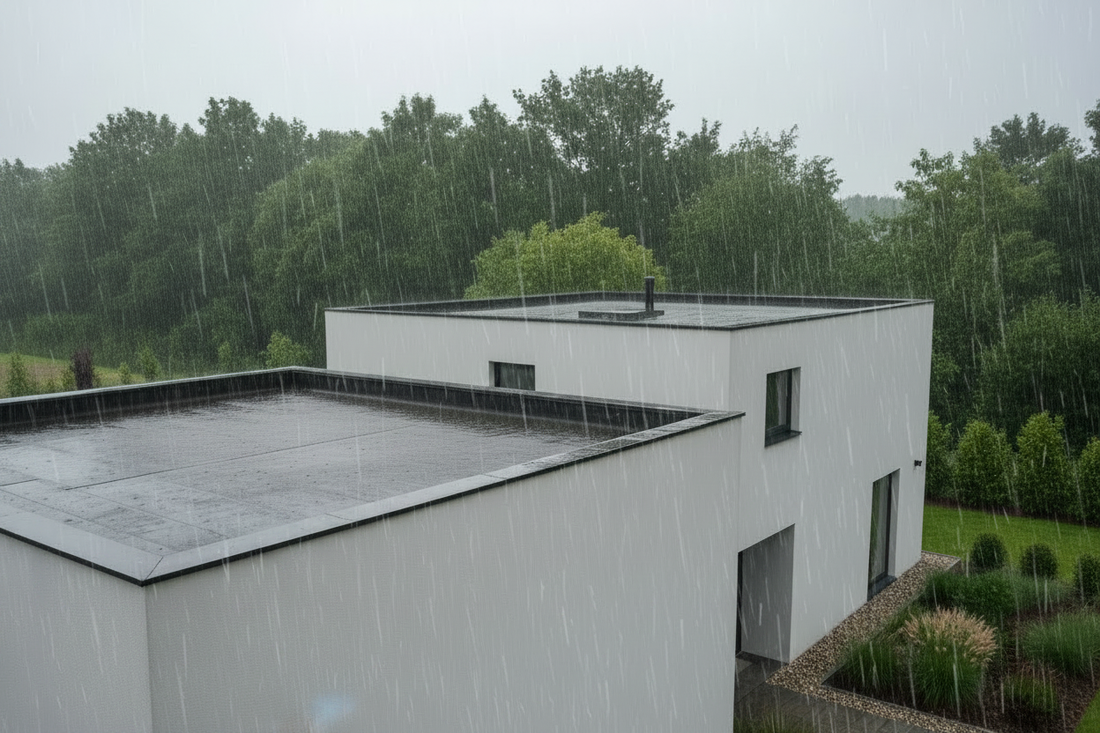Bruinverkleurd regenwater op plat roofingdak van modern huis tijdens hevige regen