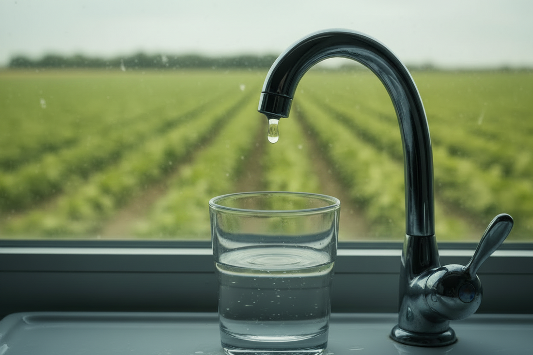 Kraanwater dat in een glas druppelt met een landbouwveld op de achtergrond — triazolen en pesticiden in drinkwater in België en Europa