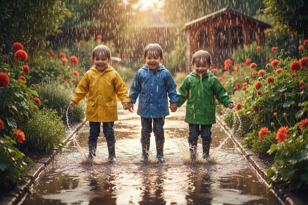 Kinderen spelen met regenwater buiten