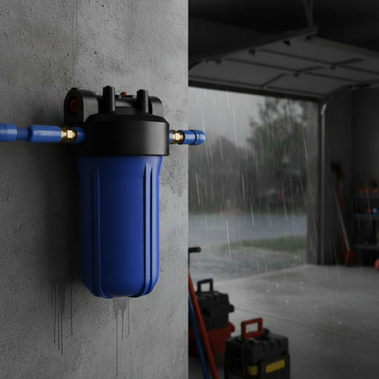 Big Blue 10" Sedimentfilter – correct geïnstalleerd met leidingen links en rechts