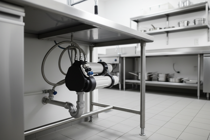 Pentair PRF-RO Tankless omgekeerde osmose systeem geïnstalleerd in professionele keuken — referentie-installatie